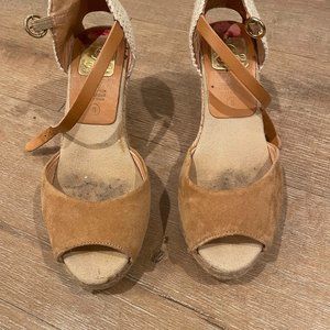 Kanna Tan Suede Peep Toe Espadrille Wedges